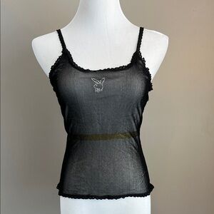 Playboy Black Sheer Women's Tank Top with Rhinestone Logo Medium